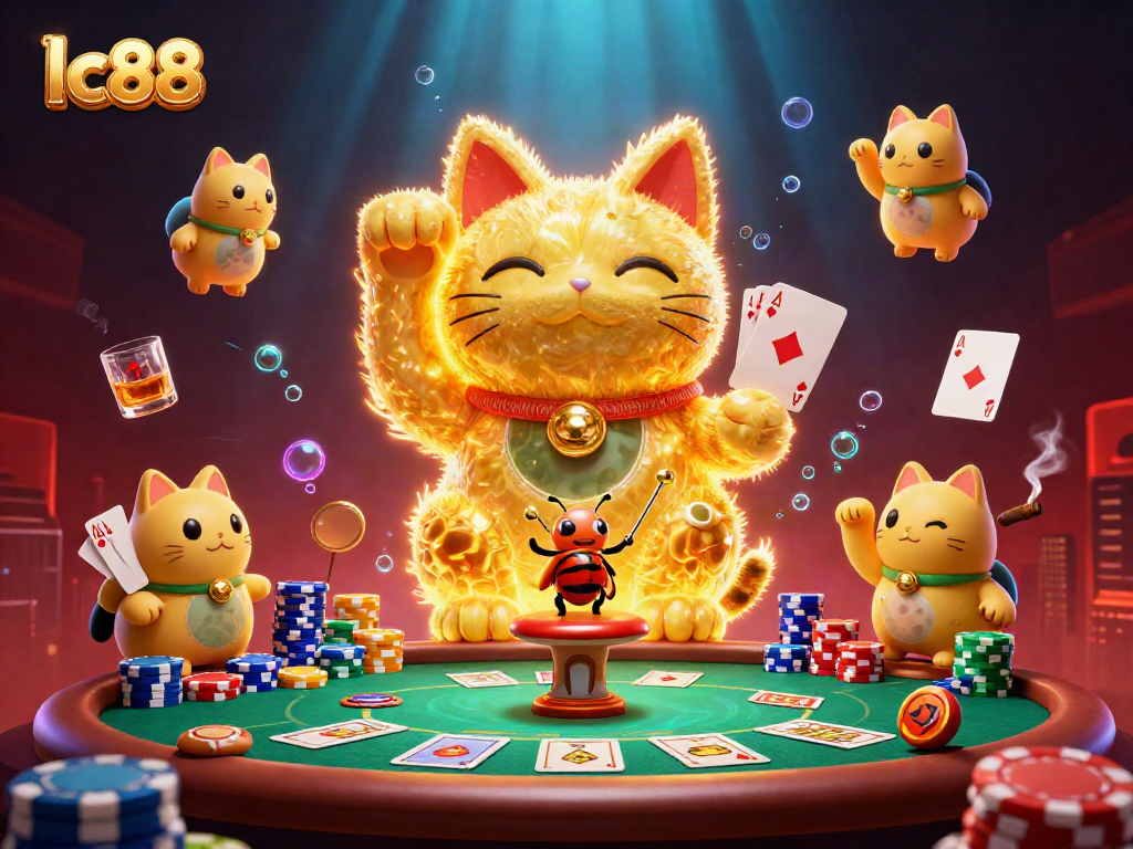 Play exciting games at lc88 with the lucky cat and vibrant casino elements surrounding it.