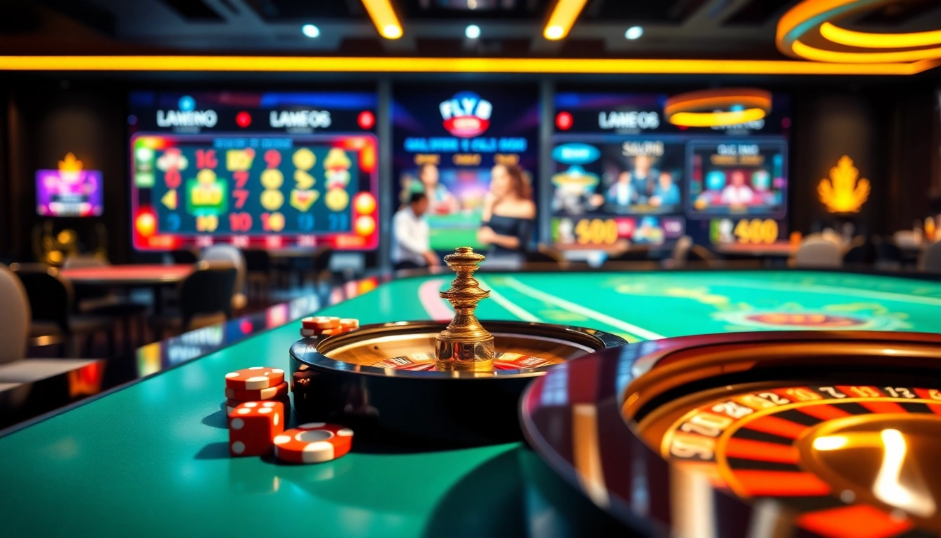 Experience the thrill of online gambling with FLY88 COM at a vibrant casino table.