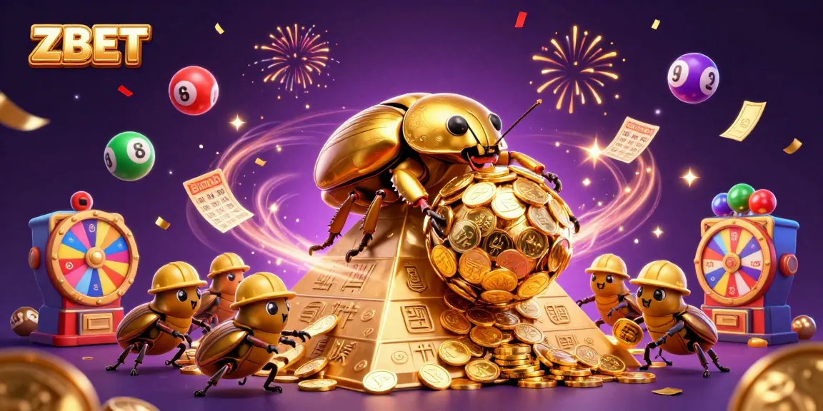 ZBET enhances your chances with a vibrant 3D illustration of a golden dung beetle pushing coins in a dynamic casino gaming scene.