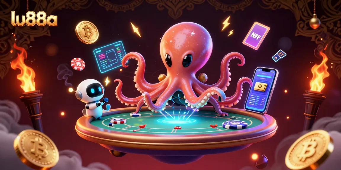 Engage with thrilling poker action at lu88a featuring a cosmic octopus and robot amid vibrant digital currency elements.