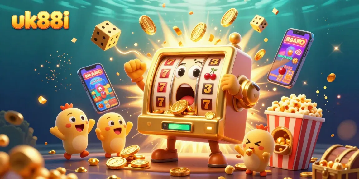 Engage in the excitement of uk88i's dazzling jackpot with golden coins exploding from slot machines.