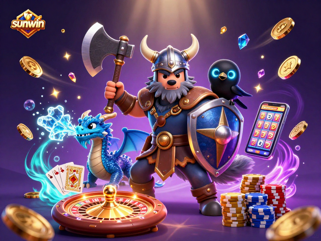 Experience thrilling wins with sunwin in this dynamic 3D casino illustration featuring a Viking warrior.
