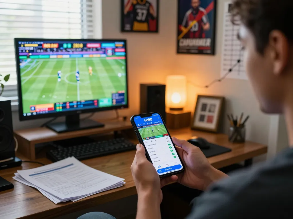 Engaging in sports betting on UU88 .com with smartphone display showing live odds and exciting match coverage.