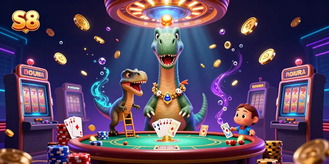 Experience the thrill of S8 with a cartoon dinosaur in a vibrant casino scene filled with excitement.