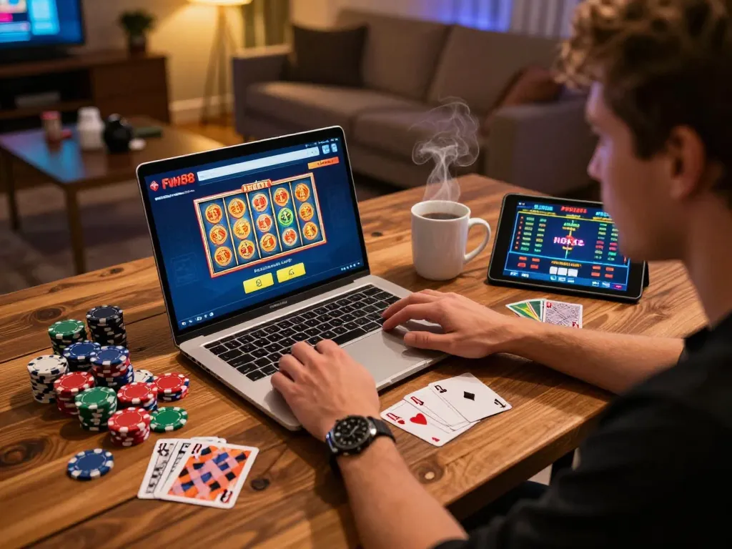 Engage with fun88 online gaming while enjoying a lively home setup filled with casino decorations.
