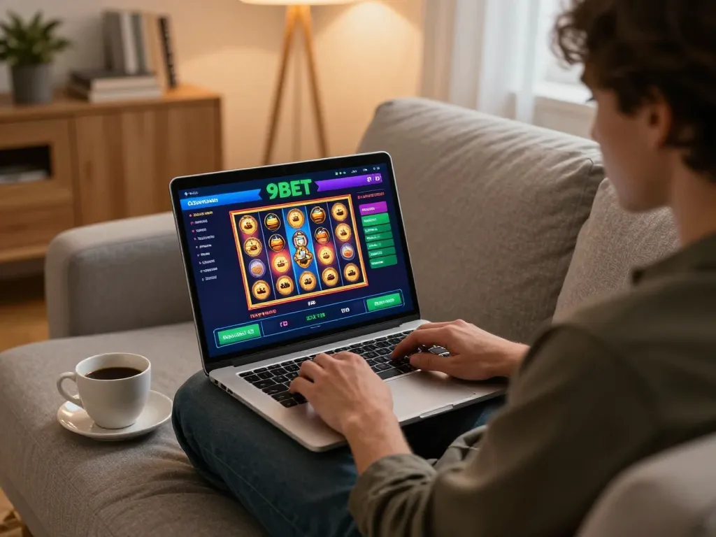 Engaging in a 9BET bet session at home, highlighting a laptop gameplay interface amid a cozy setting.
