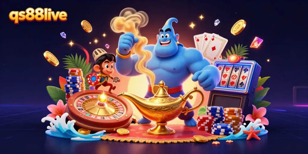 Experience the vibrant world of qs88live with a bustling casino scene featuring a powerful genie and excitement.