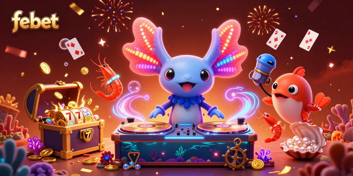 Experience the excitement at febet with an engaging 3D casino illustration featuring vibrant characters and dynamic gaming elements.