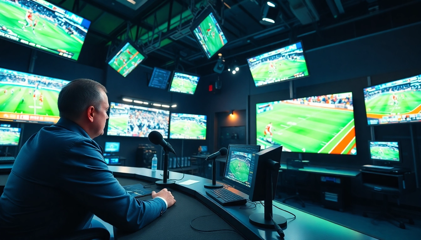 Presenter in a modern sports broadcasting studio analyzing live footage.