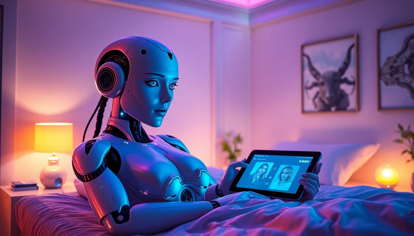 Lifelike sex bot in a futuristic bedroom, showcasing advanced AI technology and intimate ambiance.