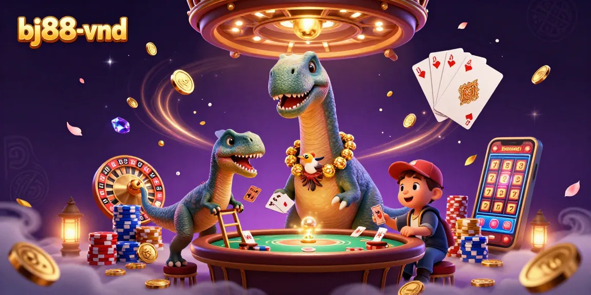 Experience the thrill of bj88-vnd with a vibrant 3D casino scene showcasing a dinosaur dealer.