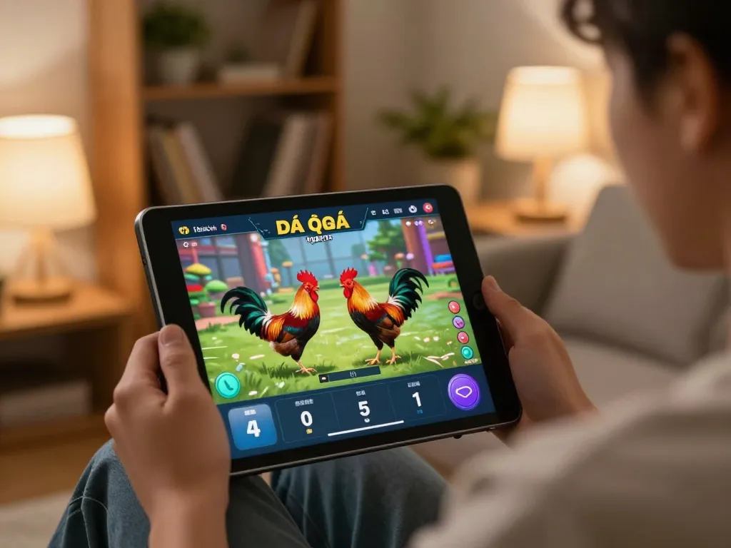 Experience đá gà trực tiếp with vibrant streaming from a cozy living room setting.