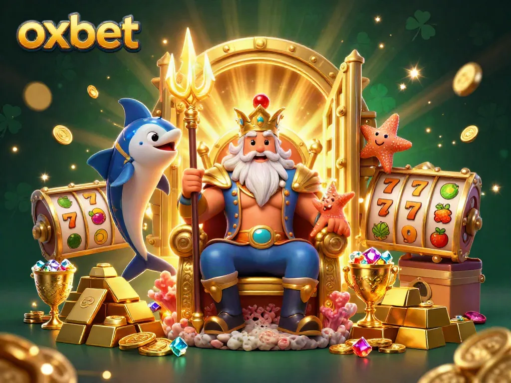 Experience the excitement of oxbet with Neptune in a vibrant casino-themed scene featuring slot symbols and treasures.