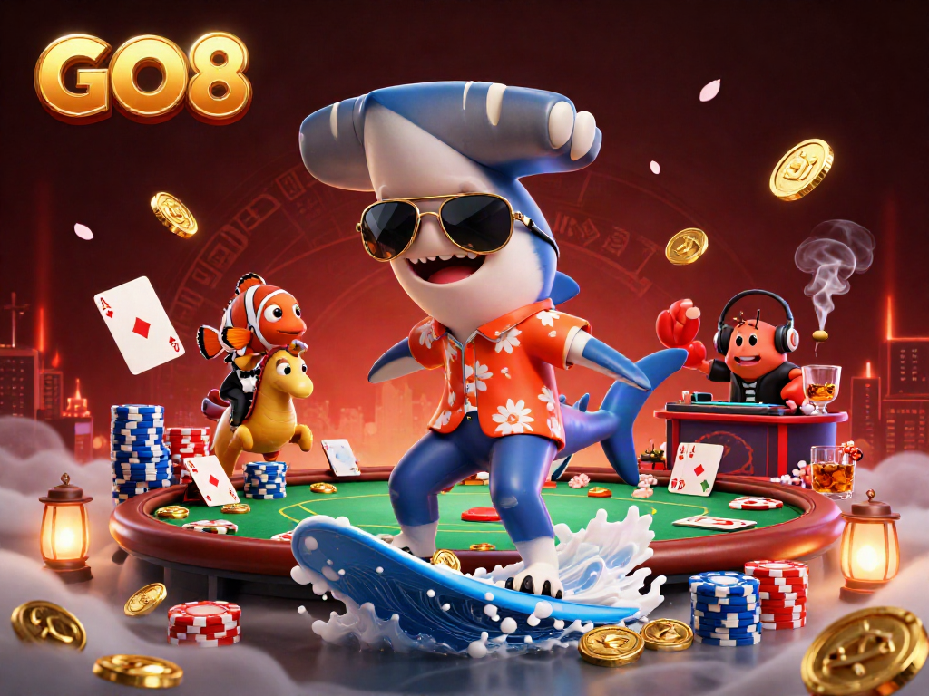 Experience GO8's vibrant casino adventures with a shark surfing gold coins in this lively illustration.