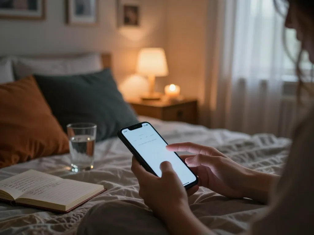 Engaging with sexting AI in a cozy bedroom, intimate communication scene.