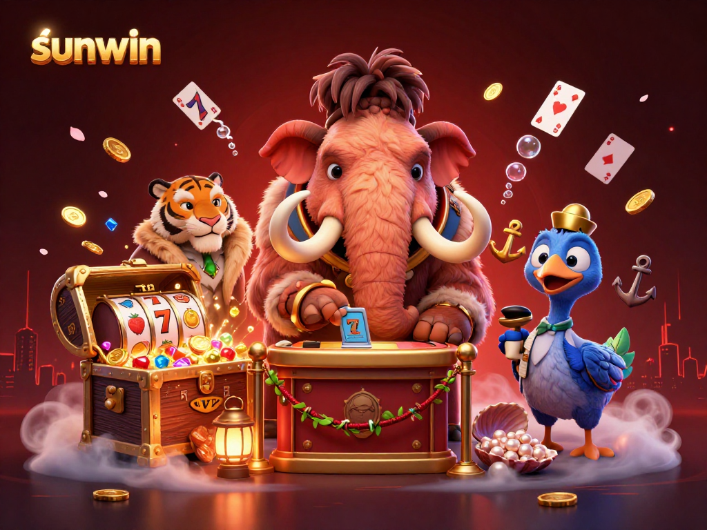 Experience sunwin's vibrant ambiance with a woolly mammoth bouncer and vibrant casino elements.