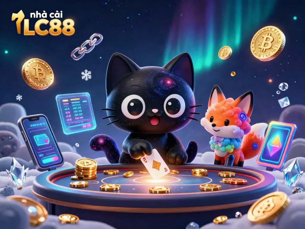 Engage with the thrilling atmosphere of nhà cái LC88 featuring a cosmic casino scene with vibrant characters.