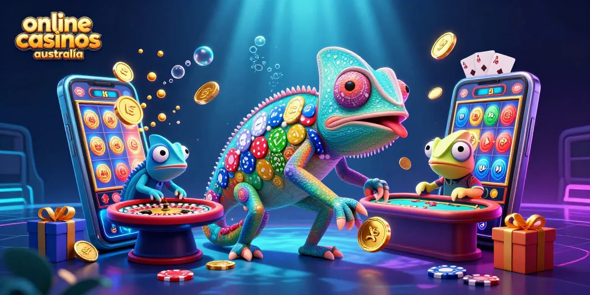 Experience the vibrant excitement of online casinos Australia with a dynamic 3D illustration of a chameleon casino owner.