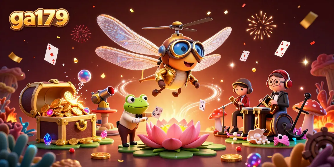 Engage in thrilling game strategies at ga179 with vibrant 3D casino elements featuring cards, gold coins, and a frog dealer.