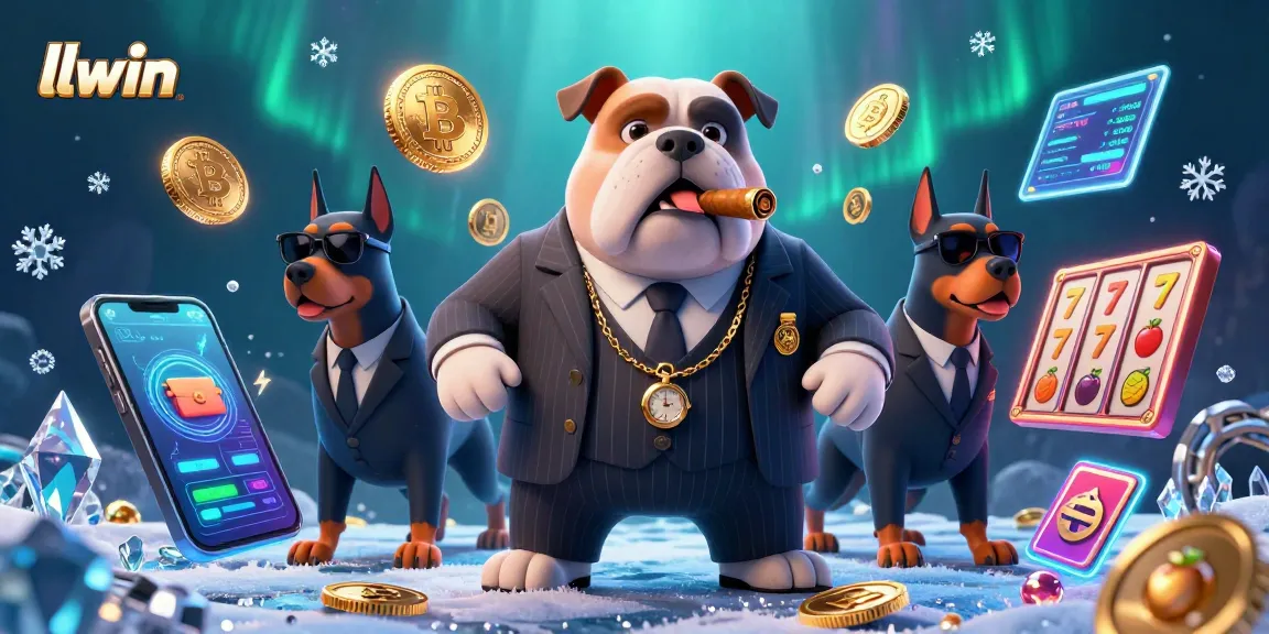 Experience thrilling gaming action at llwin with a lively illustration showcasing a mafia boss, Dobermans, and slot elements.
