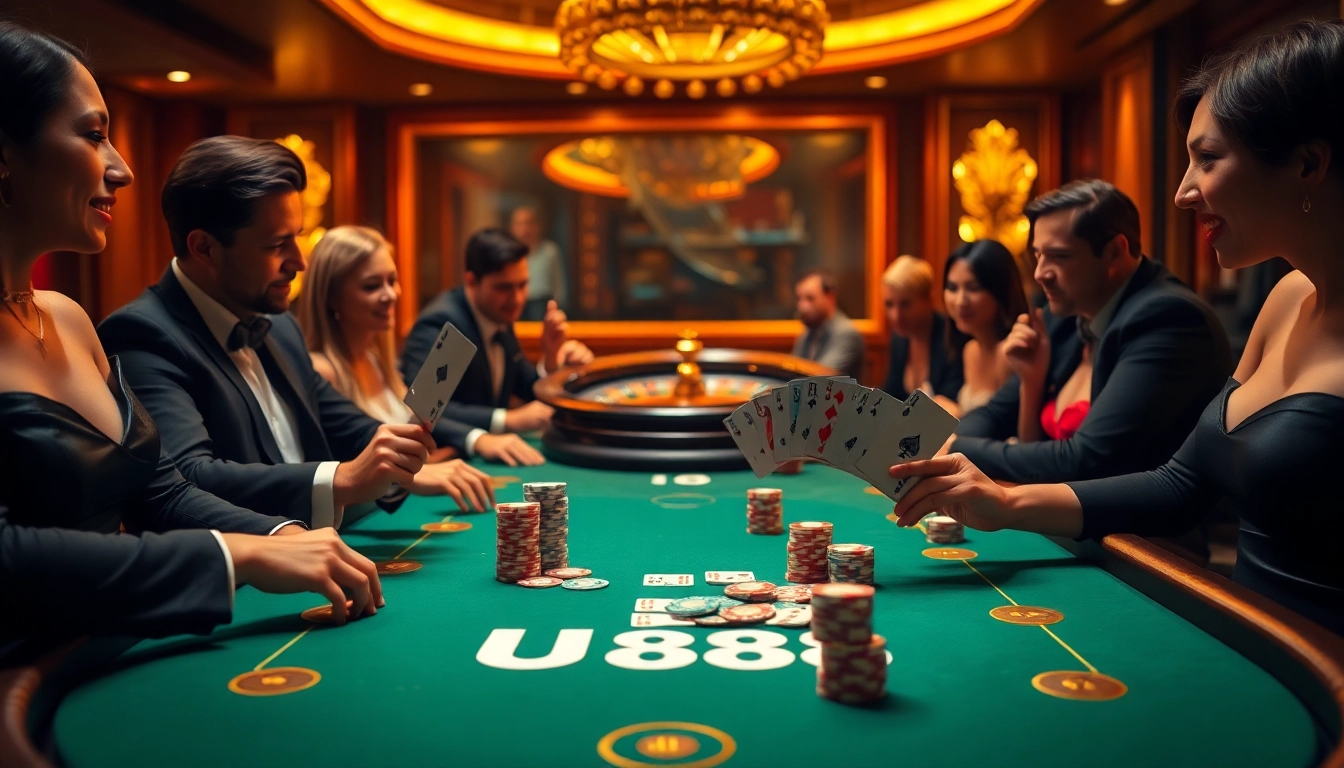 Experience high-stakes excitement at U 888's luxurious casino tables filled with vibrant poker chips.