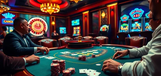 Players enjoying poker at a high-stakes table in the vibrant gaming atmosphere of OK 365.