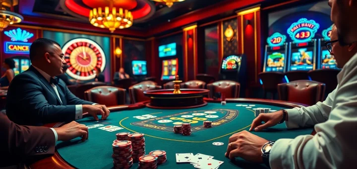 Players enjoying poker at a high-stakes table in the vibrant gaming atmosphere of OK 365.