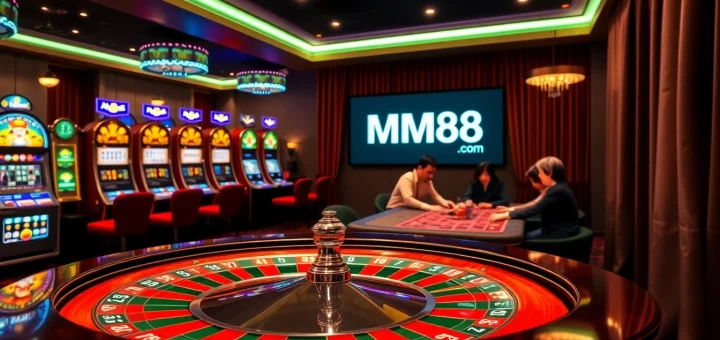 Exciting casino action at MM88 com with roulette, slots, and poker in a vibrant setting.