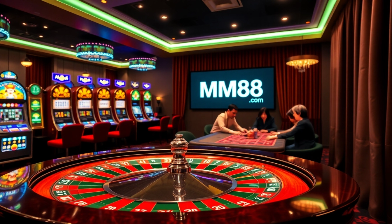 Exciting casino action at MM88 com with roulette, slots, and poker in a vibrant setting.