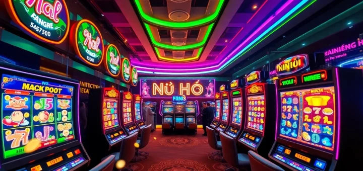 Nổ Hũ online casino scene with vibrant slot machines and happy players celebrating wins