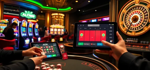 Alo789 app interface displayed alongside a bustling casino scene, featuring poker chips and roulette wheel.