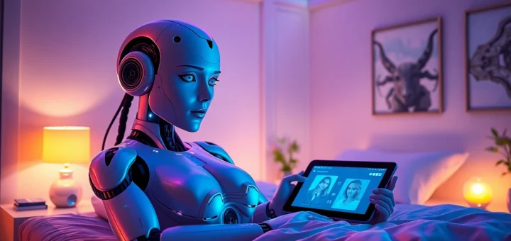 Lifelike sex bot in a futuristic bedroom, showcasing advanced AI technology and intimate ambiance.