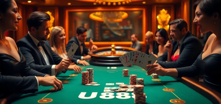 Experience high-stakes excitement at U 888's luxurious casino tables filled with vibrant poker chips.
