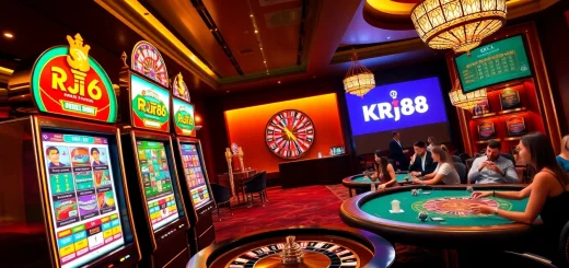 KJC RR88: Players enjoying a thrilling casino experience with vibrant slot machines and poker tables.