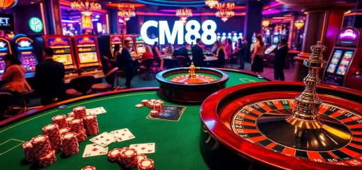Engaging casino scene showcasing CM88 with vibrant poker chips and roulette wheel.