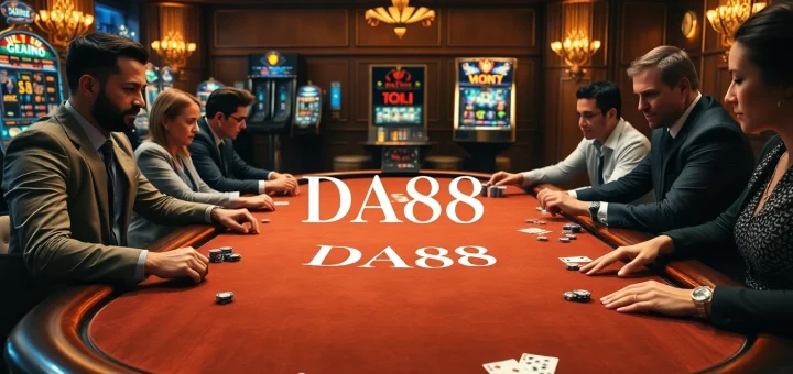 Players enjoying a riveting game at the DA88 casino table with vibrant poker chips and cards.