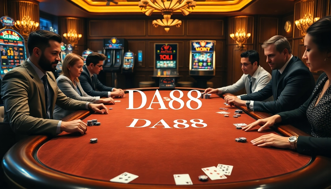 Players enjoying a riveting game at the DA88 casino table with vibrant poker chips and cards.