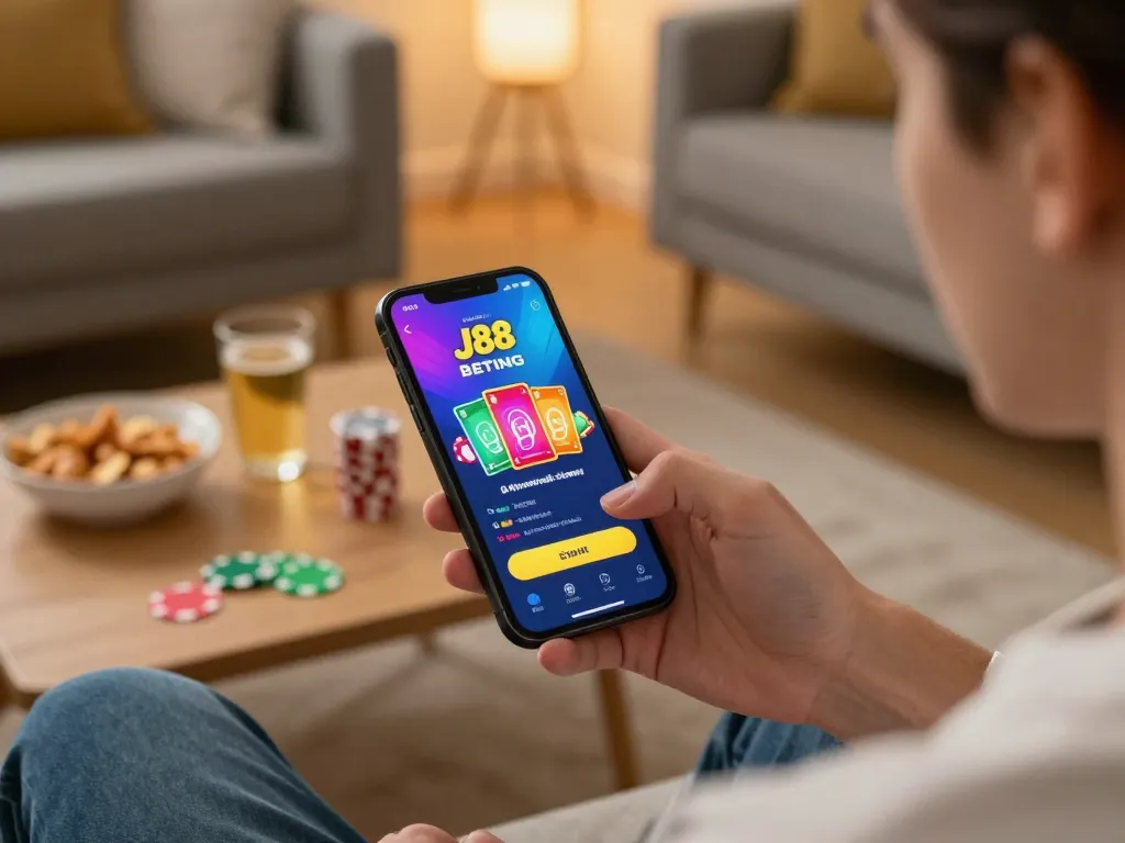 Person playing J88 on smartphone in cozy home setup, illustrating online gambling excitement