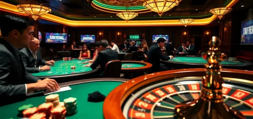 Engaging scene of players enjoying XX88 poker games with chips and cards on a dazzling casino table.