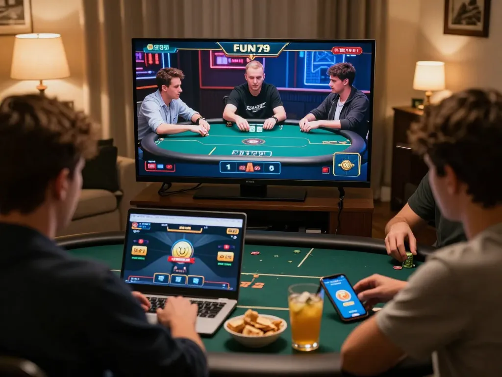 Players engaging in online poker at FUN79 app in a cozy home environment