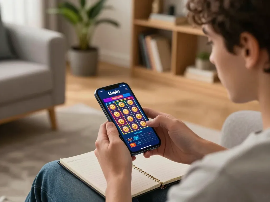 Engaging with the Trang chủ LLwin casino app while strategizing bets in a cozy home setting.