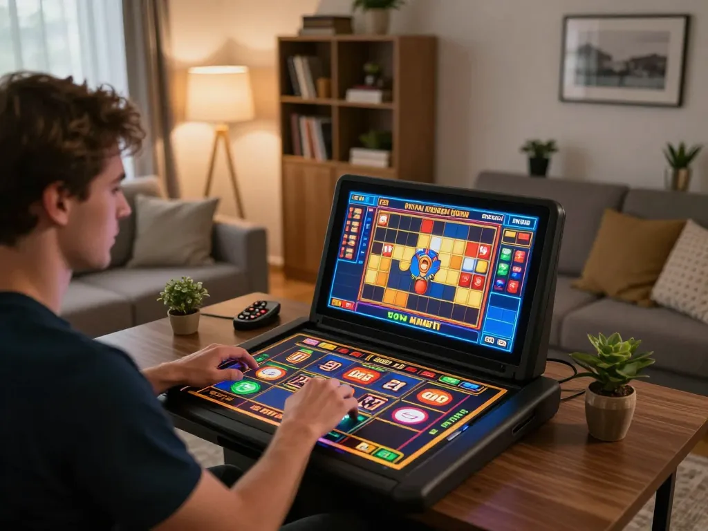 Engagerad spelare njuter av ett online casino utan svensk licens slot-spel i ett modernt hem.