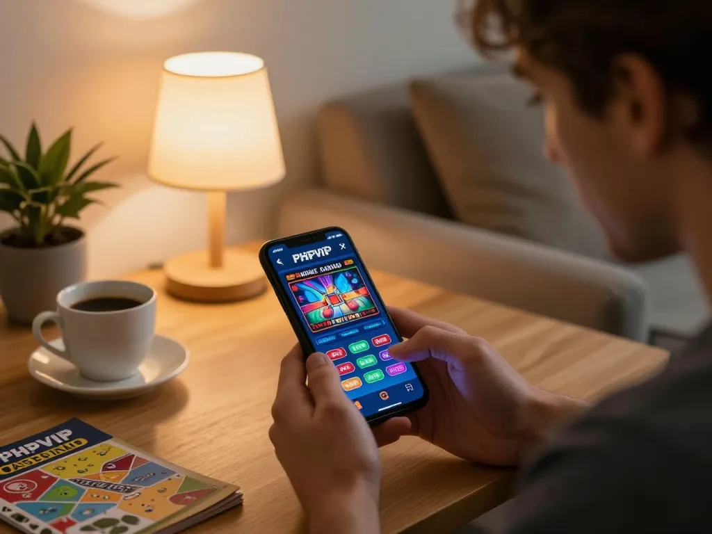 Engaged player using the PHPVIP app on smartphone for live casino gaming in a cozy home environment