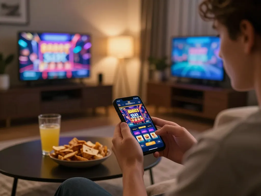 Engaging scene of a player enjoying 888slot game on a smartphone in a cozy home setting