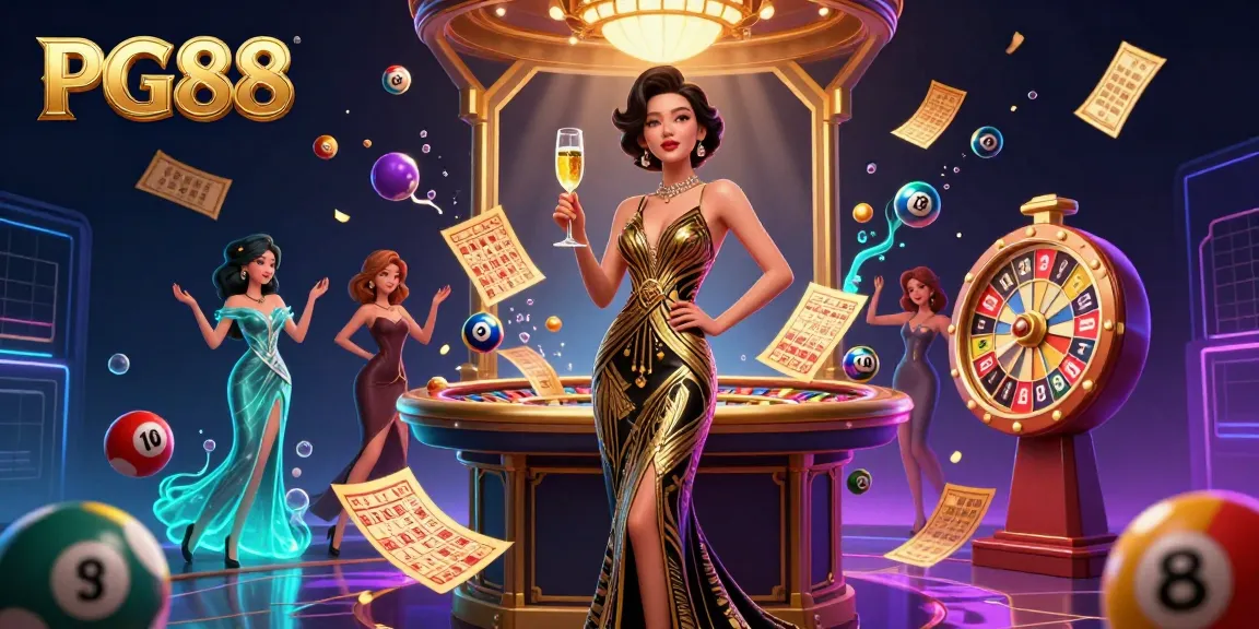 PG88 showcases an elegant Asian woman celebrating at a lively casino scene filled with exciting game elements.
