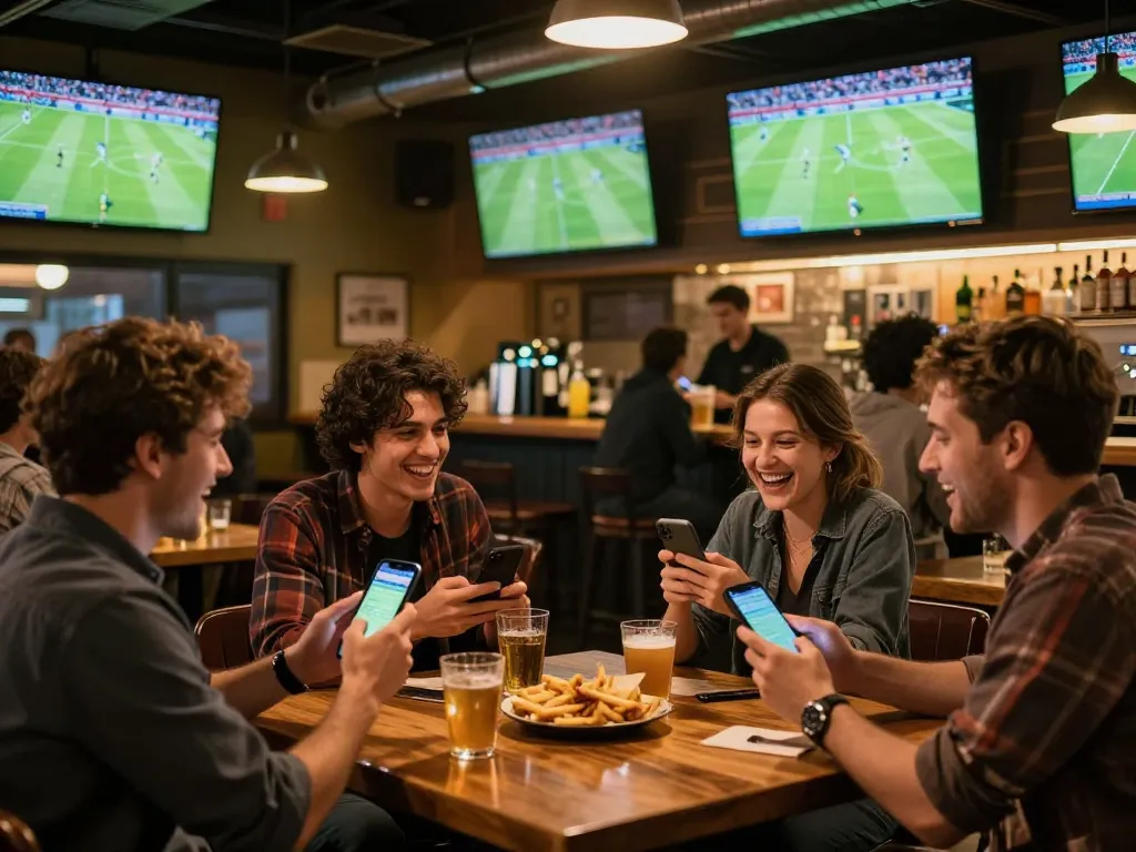 xem bóng đá trực tiếp hôm nay in a vibrant sports bar, patrons engaged while placing bets and watching a live match.