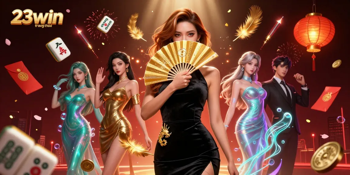 Experience the thrill of 23win trang chủ, showcasing an elegant Asian woman in a casino setting with dynamic game elements.