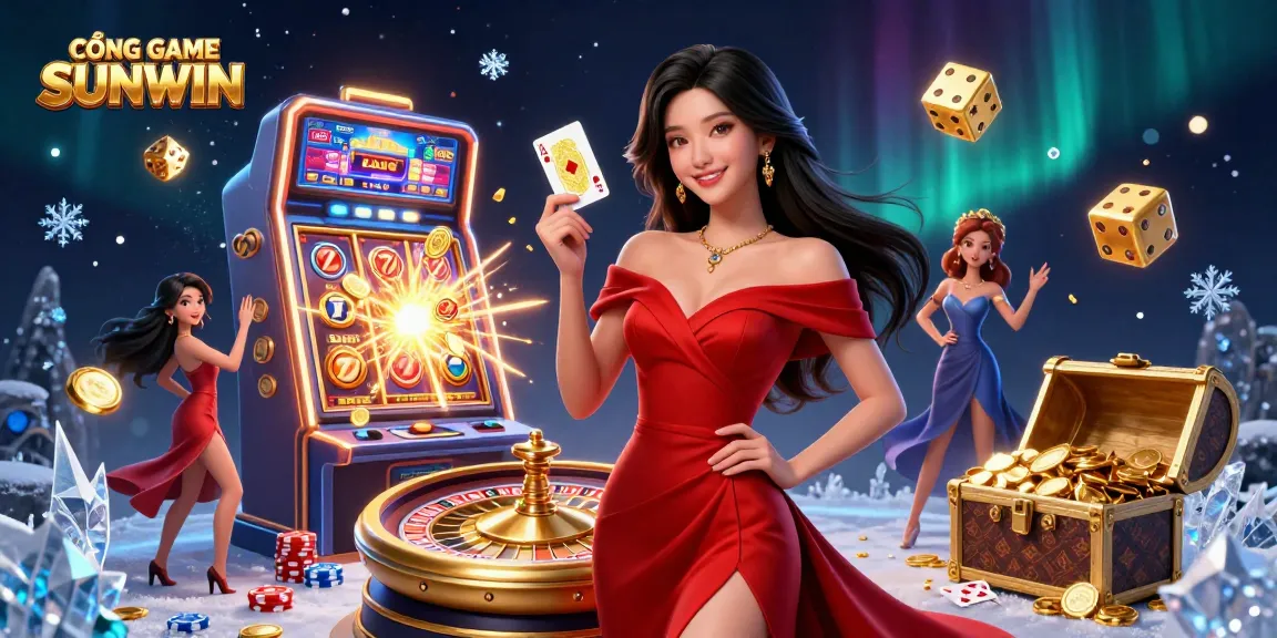 CỔNG GAME SUNWIN showcases an elegant Asian woman with a golden card at a roulette wheel amidst vibrant casino elements.