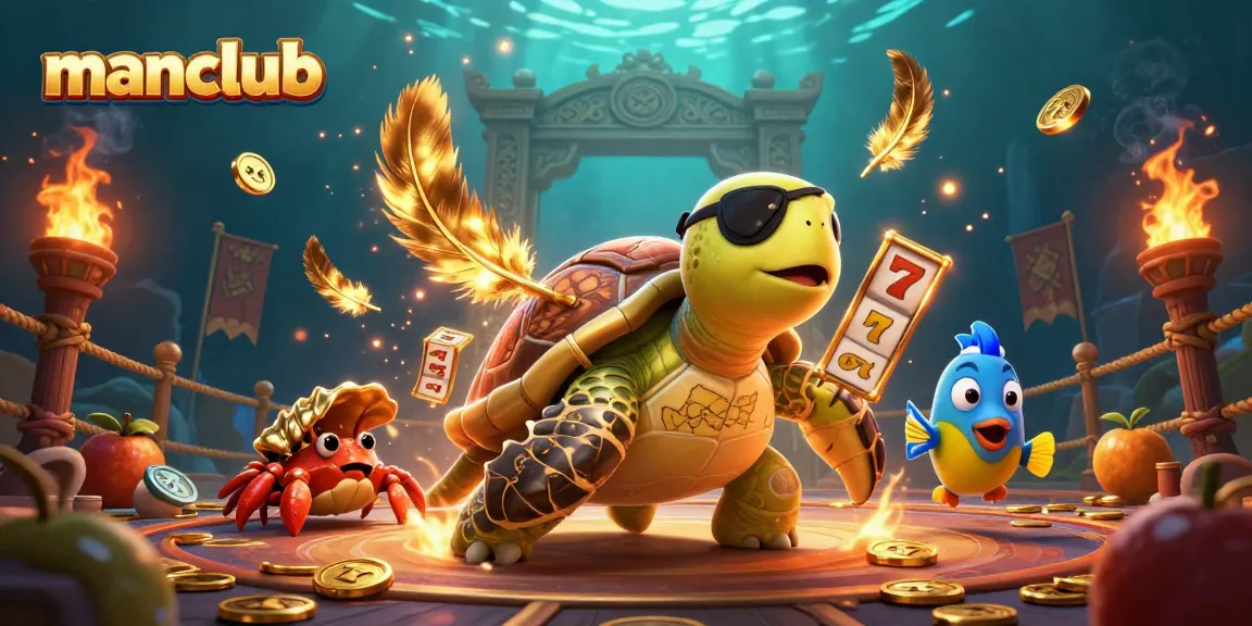 Bet on your luck with manclub's lively gaming scene, featuring colorful slot reels and animated characters.