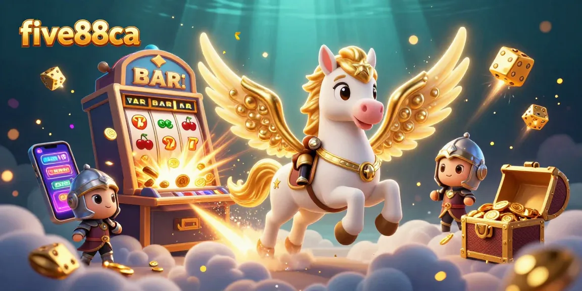 Engage with five88ca's thrilling online casino scene, featuring a celestial horse, slot machine, and vibrant casino elements.